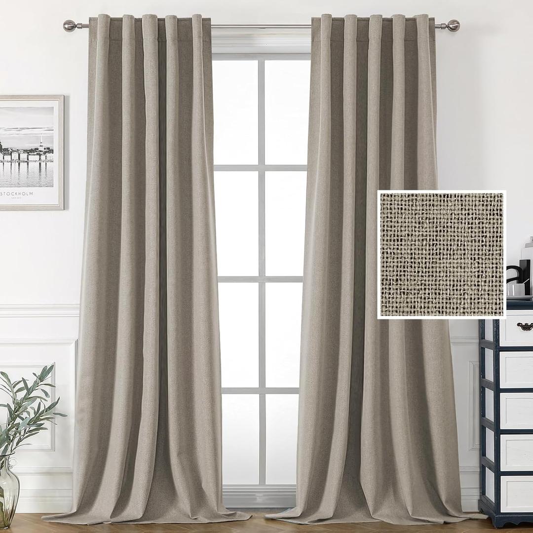 H.VERSAILTEX 100% Blackout Linen Look Curtains for Bedroom Full Light Blocking Drapes with Double Face Linen Back Tab Loop Pocket Burlap Curtains for Living Room 2 Panels, 42 x 84 Inch, Heather Taupe