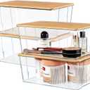 Hudgan 4 Pack Clear Plastic Storage Bins with Bamboo Lids, Stackable Storage Containers for Organizing Medicine Cabinet Organizer, Craft Room, Bread Box (Nature)