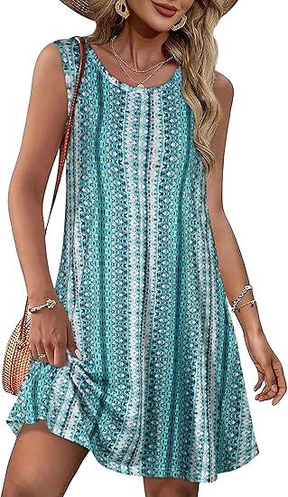 Summer Dresses for Women Beach Boho Sleeveless Vintage Floral Flowy Pocket Tshirt Tank Sundresses (Small)