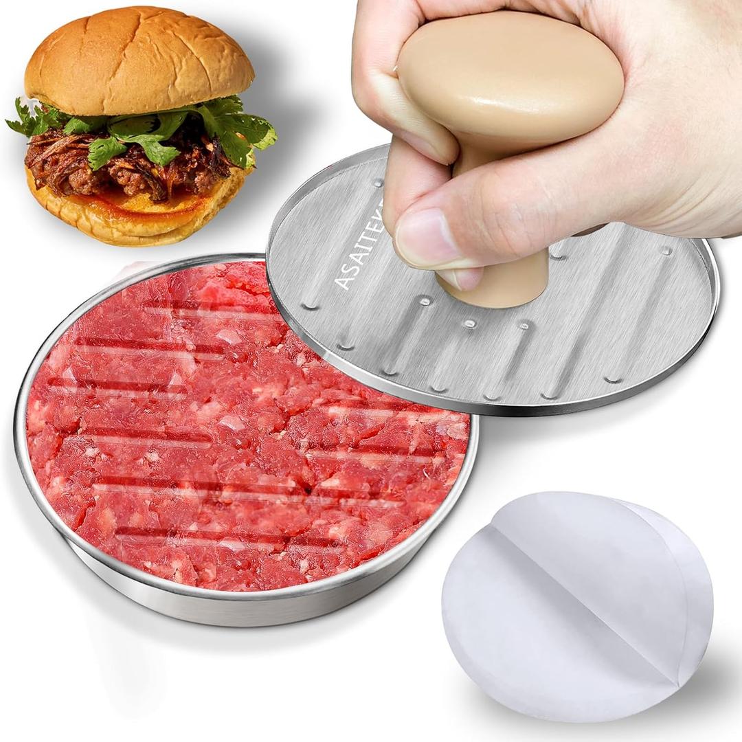 Burger Press, 5Stainless Steel Hamburger Press Patty Maker, Non-Stick Hamburger Press for Making Patties, for Grilling and Cooking, Comes with 100 Pieces of Wax Paper