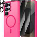 [4 in 1] Magnetic for Samsung Galaxy S25 Ultra Case, 2 Pics Privacy Screen Protectors and 1 Pic Camera Protector, Fit for MagSafe, Military Grade Shockproof Translucent Matte S25 Ultra Cover, Hot Pink