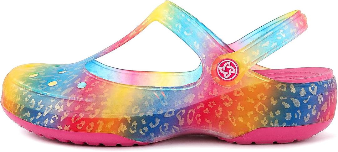 KELMALL Womens Classic EVA Floral Clogs with Back Strap  Lightweight Non Slip Slip-On Comfort Shoes, Low Heel Casual Garden & Indoor Clogs (5.5, Magenta Leopard)