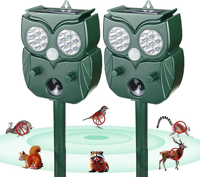 Solar Animal Repellent Outdoor for Deer Squirrel Mole Rabbit Cat Skunk Bird Raccoon Dog, Waterproof Ultrasonic Pest Repeller with Motion Detector and LED for Yard Lawns Garden 2 Pack