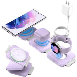 Pocket Wireless Charger for Samsung Android Phone, Foldable Travel Wireless Charging Station/Stand Compatible for Samsung S25 Ultra/S24/Z Flip 6/5, Watch Charger for Samsung Watch 7/Buds Pro3/2(Purple)
