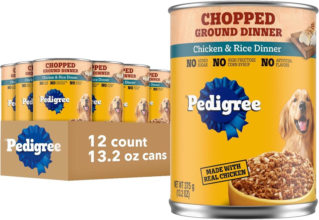 Pedigree Chopped Ground Dinner Adult Soft Wet Dog Food Chicken & Rice Dinner, 13.2 oz. Cans 12 Count