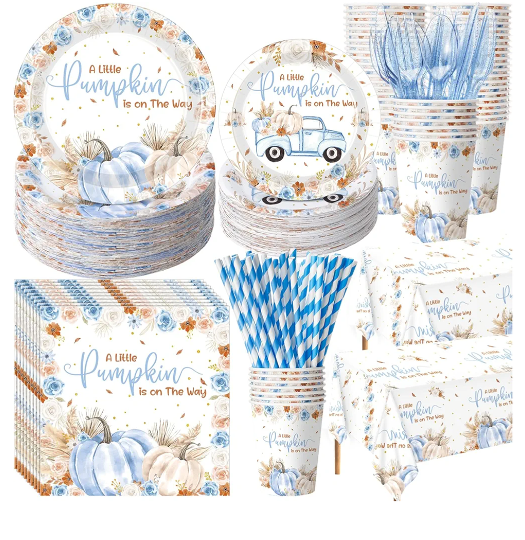 452 Pcs Party Supplies Serve 50 Guests, Paper Plates Napkins Cups Cutlery Plastic Tablecloth Dinnerware for Birthday Wedding Party Decoration(Blue and Brown,Little Pumpkin Baby Shower)