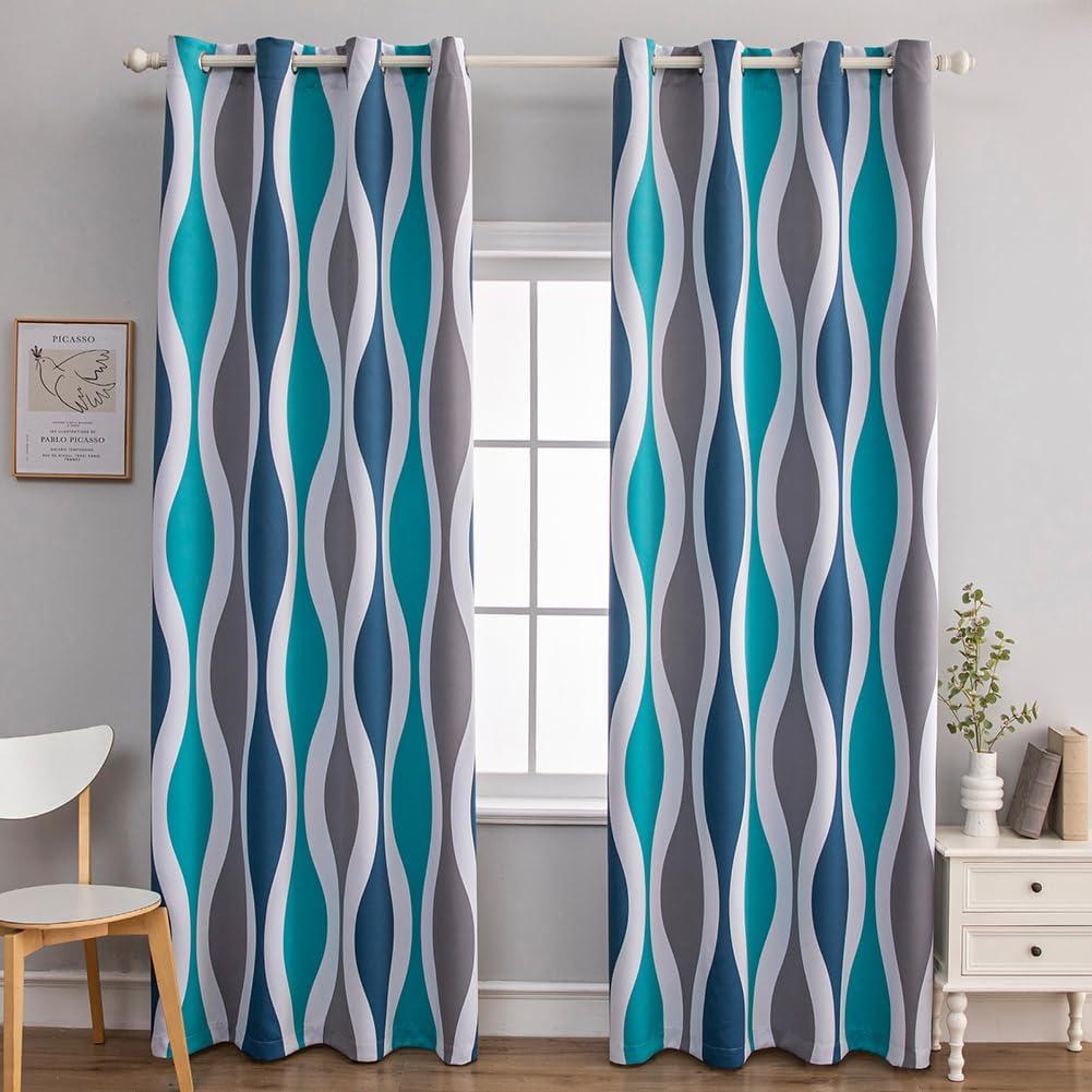 MeZQ Blackout Curtains 96 inches Long 2 Panels Set Wave Pattern Drapes, Navy, 52" W x 96" L