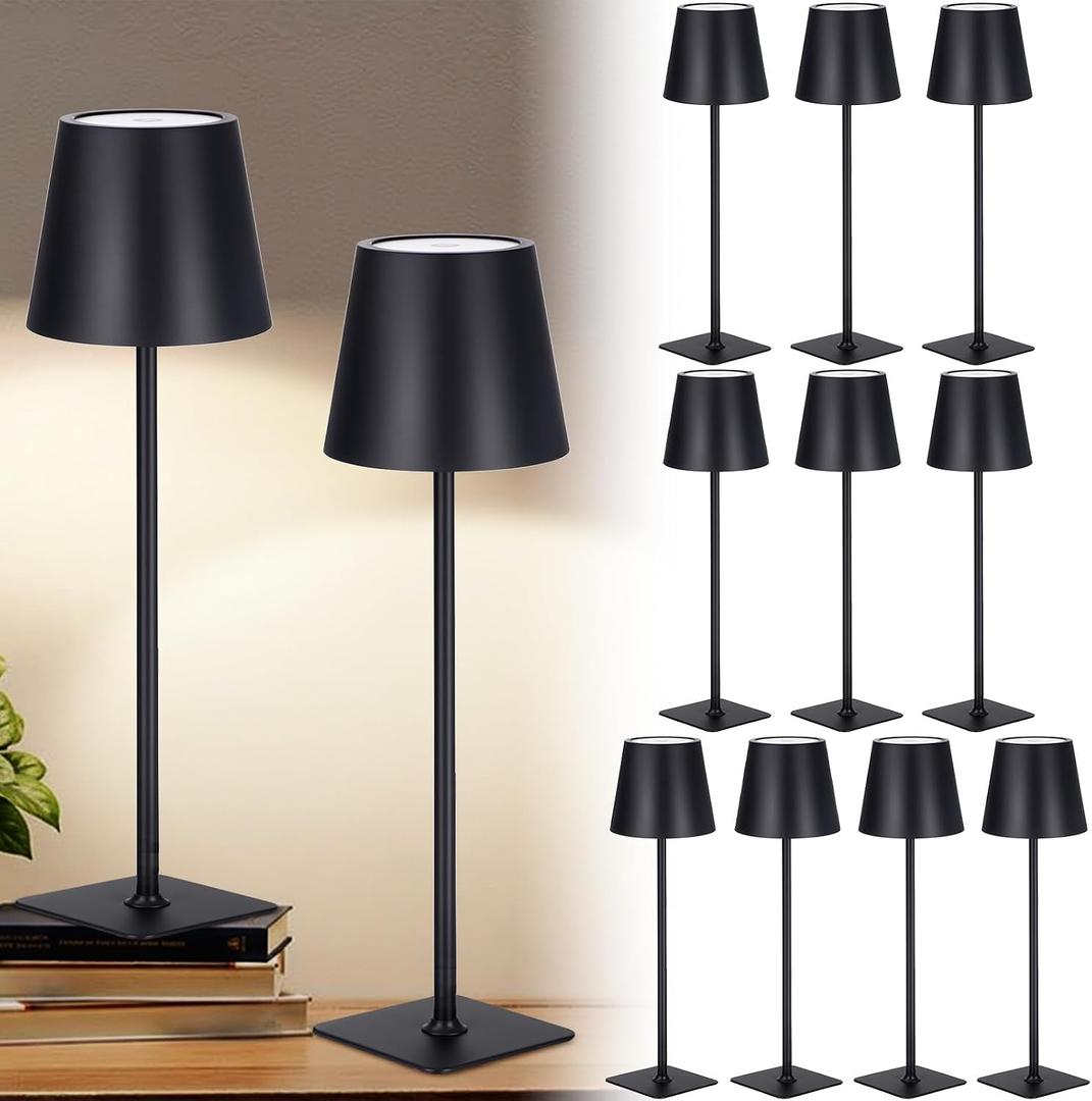 Retisee 12 Pack Cordless Table Lamp Portable LED Rechargeable Desk Lamp 3000mah Battery Operated 3 Color Stepless Dimming Waterproof Touch Control for Bedroom Restaurant (Black,Square Base)