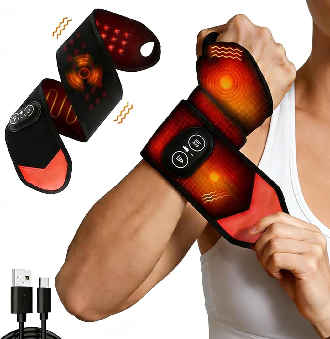Red Light Therapy for Wrist for Hand,Cordless Heated Wrist Brace with Vibration,with Temperature Control,Red Light Therapy Heated Wrist Massager Wrap y 36 LED for Wrist, Arm,660nm & 850nm (Black)