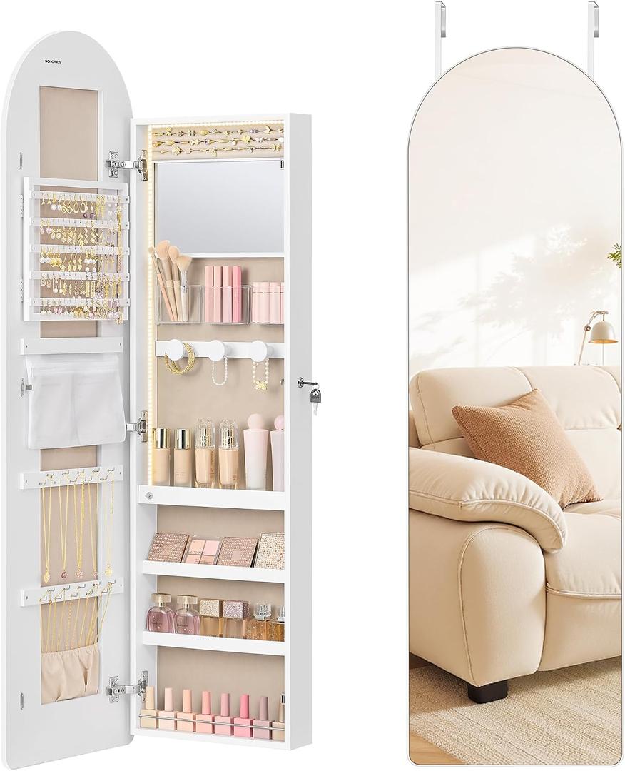 SONGMICS Wide Jewelry Organizer, LED Jewelry Cabinet Wall/Door Mounted, Arched Mirror with Storage, Lockable, Rounded Corner, Interior Mirror, 3.9 x 16.5 x 55.1 Inches, Cloud White UJJC040WB01