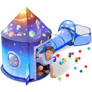 3 in 1 Rocket Ship Play Tent with Tunnel Ball Pit for Kids Space Themed Pop Up Playhouse Indoor Outdoor Astronaut Tent Set Toy Gift for Boys Girls Toddler Baby Child Games Birthday Party