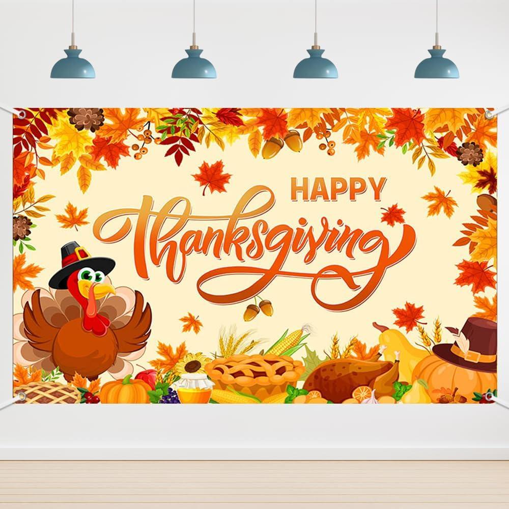 6x3.6ft Happy Thanksgiving Party Backdrop Maple Leaf Pumpkin Turkey Thanksgiving Day Background for Photography Give Thanks Party Supplies Photo Props
