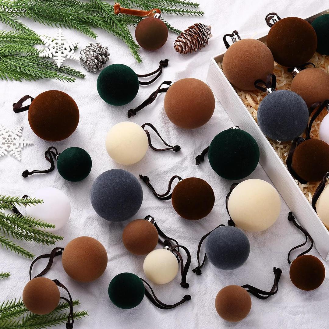 40 Pcs Velvet Christmas Balls Flocked Christmas Tree Hanging Ornaments Neutral Shatterproof Plastic Velvet Ball for Xmas Tree Decor(Dark Brown, Light Brown, Gray, Dark Green, Cream, White)