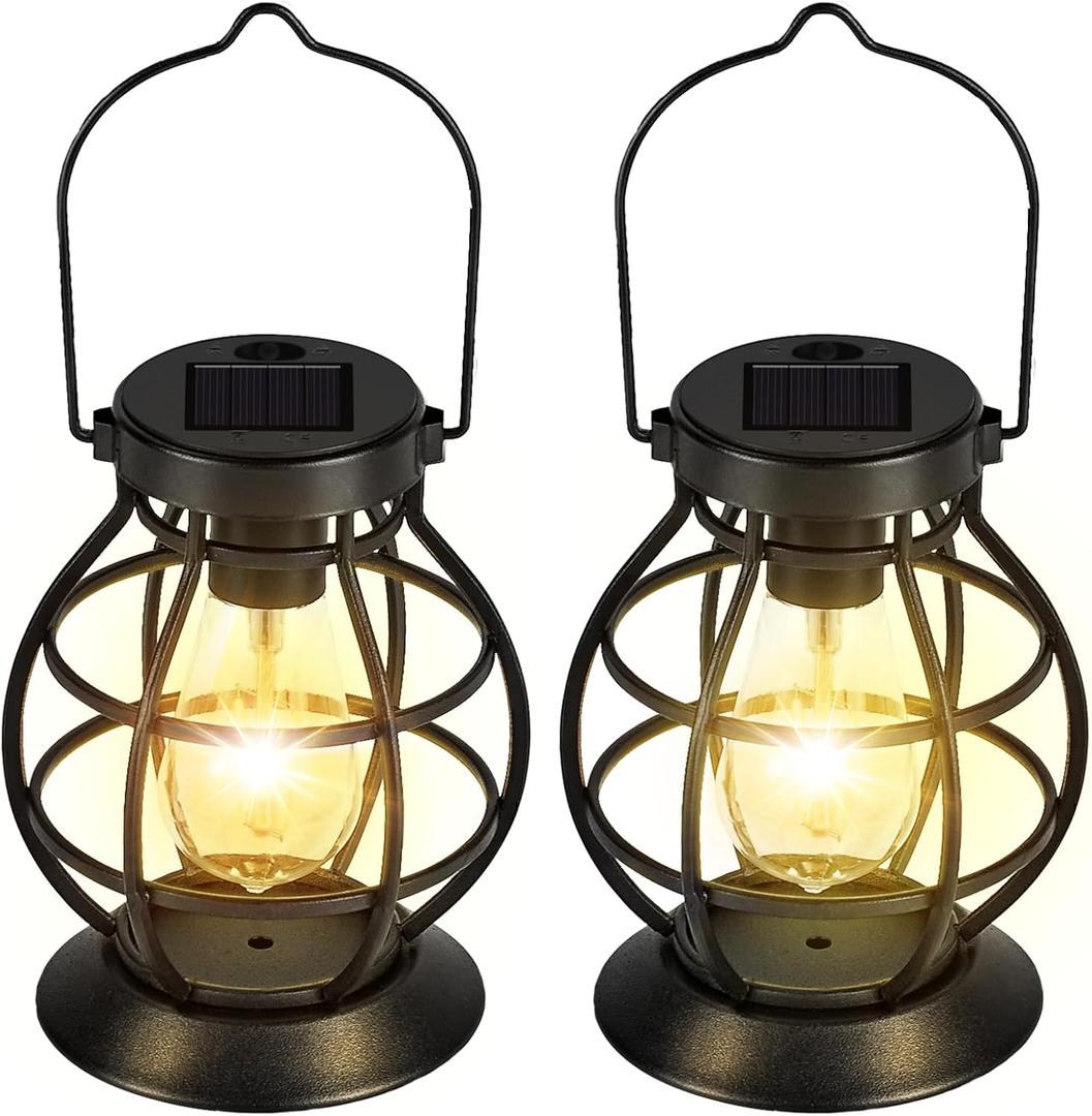 2 Pack Solar Lanterns Outdoor Hanging Lantern Lights, Metal Decor Lantern, Waterproof LED Decorative Garden Light - Garden Decoration for Patio, Yard, Pathway, Landscape (Black)