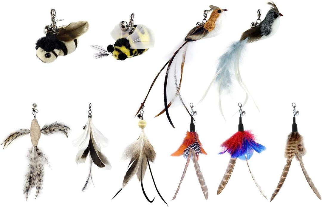 TTcat Cat Feather Toy Replacement Wand Refills, 10 Pcs Simulation Insects Bird Feathers.