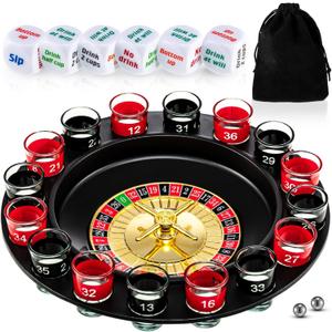 Hiboom Shot Glass Roulette Game and Drinking Dice Set - 16pcs Glasses and 2 Balls for Adults, Family Gathering, Bar, Party Supplies
