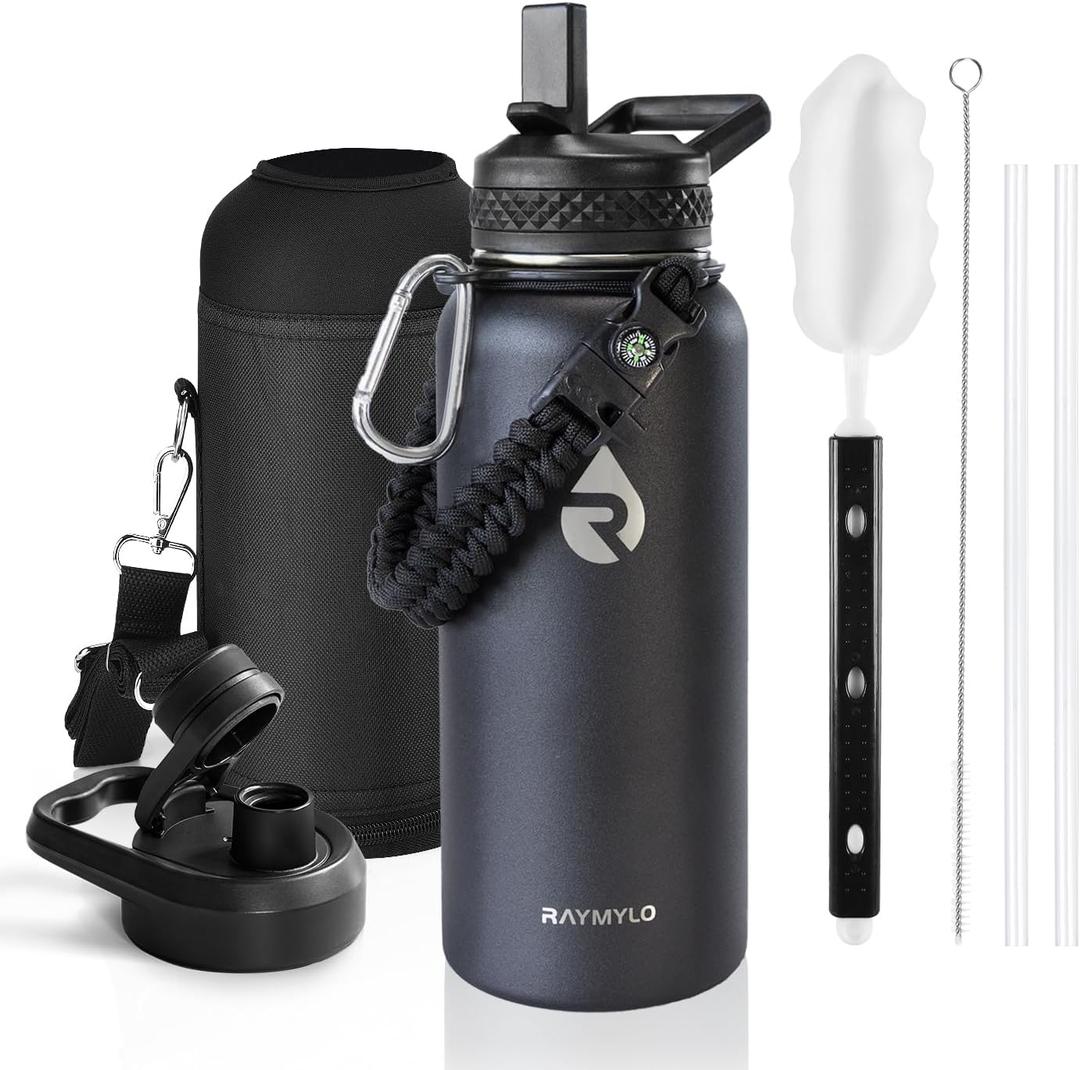 Insulated Water Bottle 32 oz, Triple Wall Vacuum Stainless Steel (Cold for 48 Hrs), Leak Proof & Non-BPA, Modern Water Flask Jug with Paracord Handle & Straw Spout Lids, Magic Black