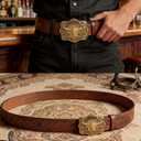 IZUS Western-Belts for Men Cowboy-Boy-Style Retro Cowgirl County Belt with 1.5"-wide Bull-Floral-PU-Strap Women Waist-Belts (Brown-2413a Buckle)