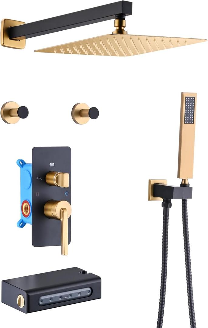 Shower Faucet Set Black and Brushed Gold Shower System Wall Mounted 4 Functional Shower Complete Combo Set with Shower Head, Handheld Shower Head, Waterfall Tub Spout, 2 pcs Shower Hooks