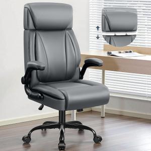 Leather Office Chair, Big and Tall Office Executive Breathable PU Computer Chair with Lumbar Support, High Back Home Office Desk Chair with Flip-up Armrests, Adjustable Headrest