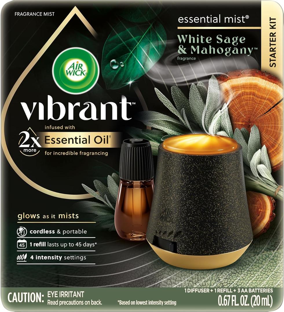 AIR WICK Essential Mist - Starter Kit White Sage & Mahogany, Air Freshener, Essential Oils (starter kit (Pack of 1 Refill))