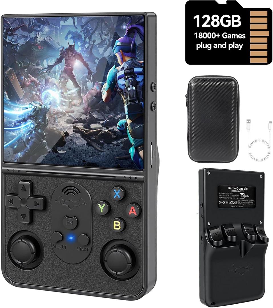 S600 Retro Handheld Game Console, 4 Inch 720p IPS Screen, 128GB with 18,000+ Pre-Installed Games, 3500mAh Battery for Long Play, Portable Linux System (Black)