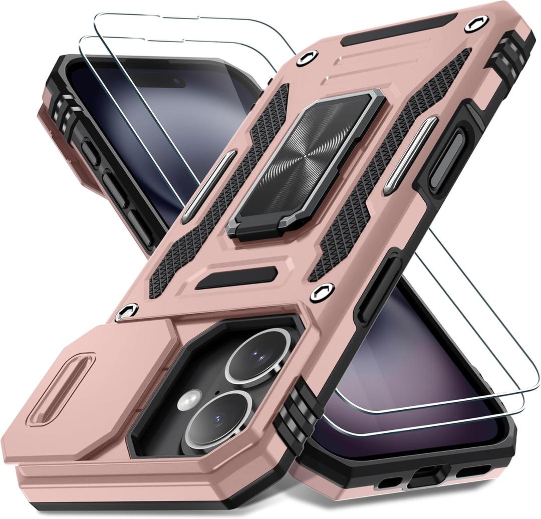 DEERLAMN Case for iPhone 16 with Slide Camera Cover+Screen Protector (2 Packs), Rotated Ring Kickstand Military Grade Shockproof Protective Cover-Rose Gold