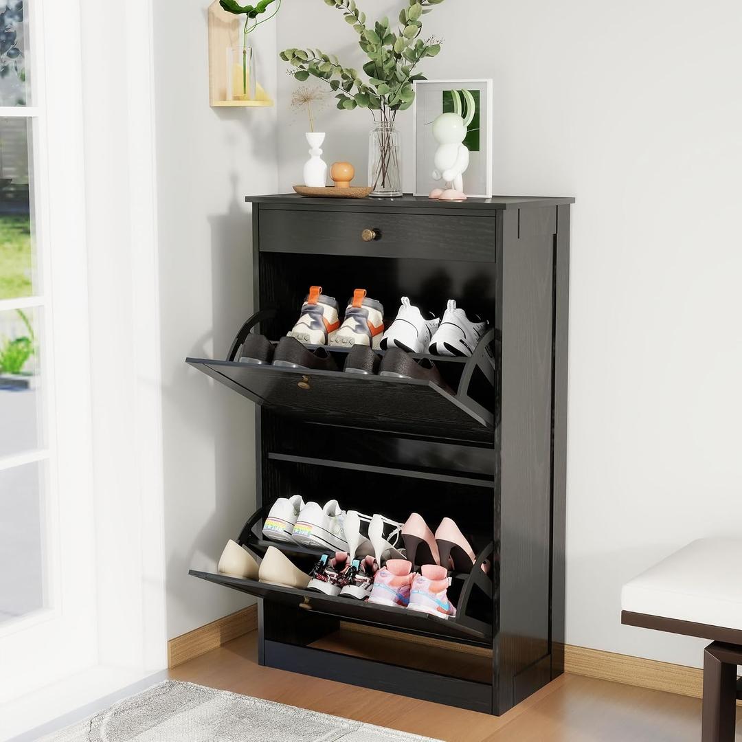 FTZxHKLX Shoe Cabinet with 2 Flip Drawers, Slim Freestanding Hidden Shoe Organizer with Drawer, Pet-Proof Shoe Storage Cabinet for Entryway Living Room Behind The Door, Black, 1pcs