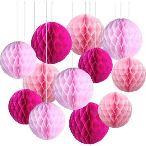 CC wonderland zone 12pcs Pink Paper Honeycomb Balls,Hanging Tissue Pom poms for Baby Shower Wedding Valentine's Day Engagement Birthday Party Decorations