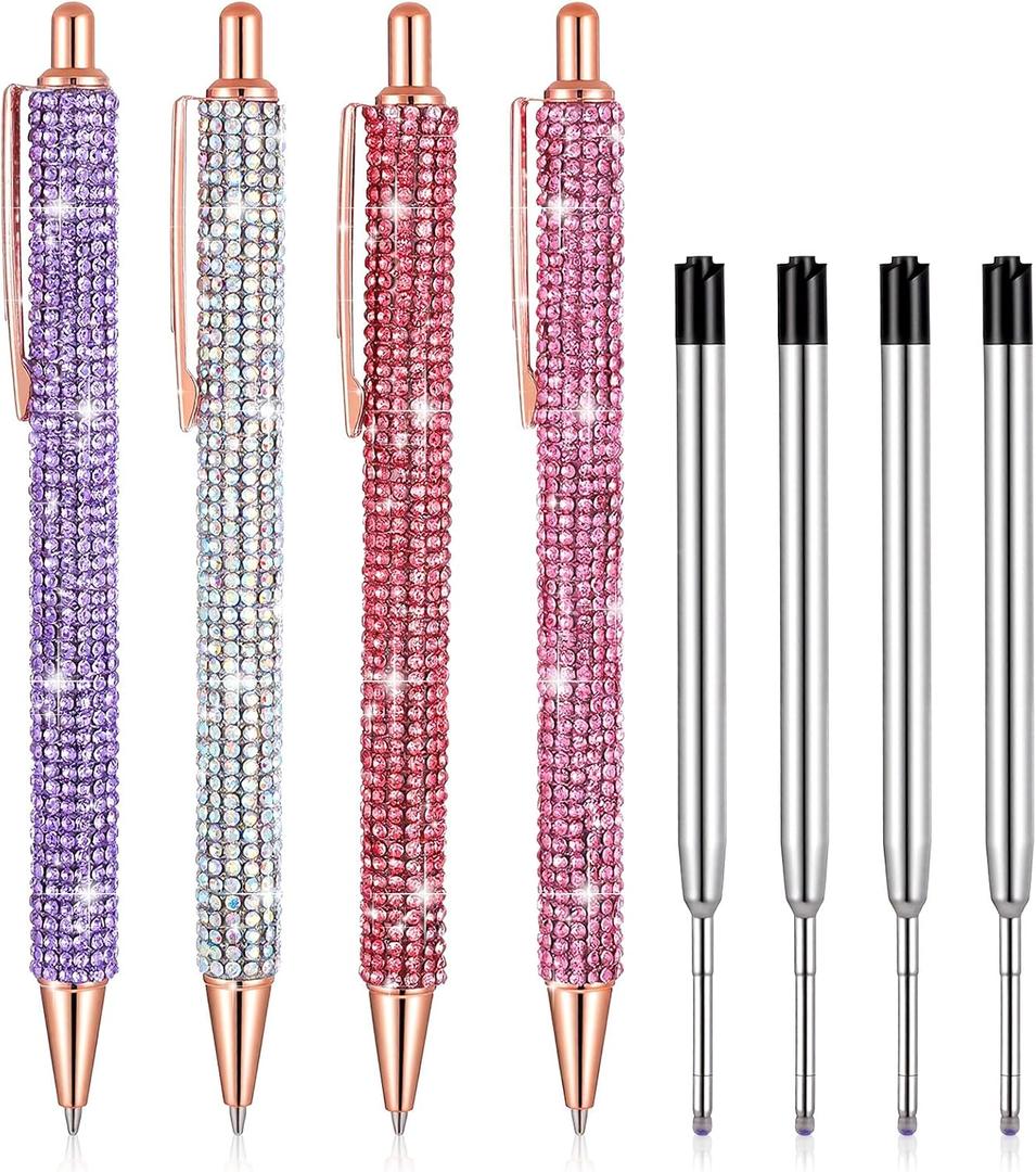 4 PCS Bling Rhinestone Sparkly Pens Crystal Glitter Metal Ballpoint Cute Fancy Ink Pen with 4Pcs Refills Colorful Desk Accessory for Women Office Birthday School Christmas Graduation