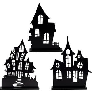 AuldHome Design Spooky Halloween House Village Silhouettes (Set of 3); Scary Haunted House Wood Statue Figurines Centerpiece Set