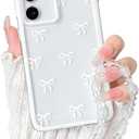 NITITOP Compatible with Samsung Galaxy A15 Case Clear Ribbon Bow Knot Pattern for Girls Women Bowknot Durable with Chain Wrist Strap Soft TPU Shockproof Protective Phone Cover - White