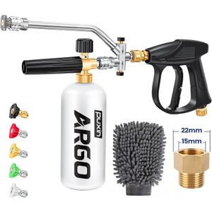 Foam Cannon for Pressure Washer, Stubby Gun with Dual Connector (M22-15mm Adapter + Wash Mitt), 5 Nozzles Tips, 4000 PSI Pressure Washer Gun, 1/4" Quick Connect for Auto/Home, 1 Liter
