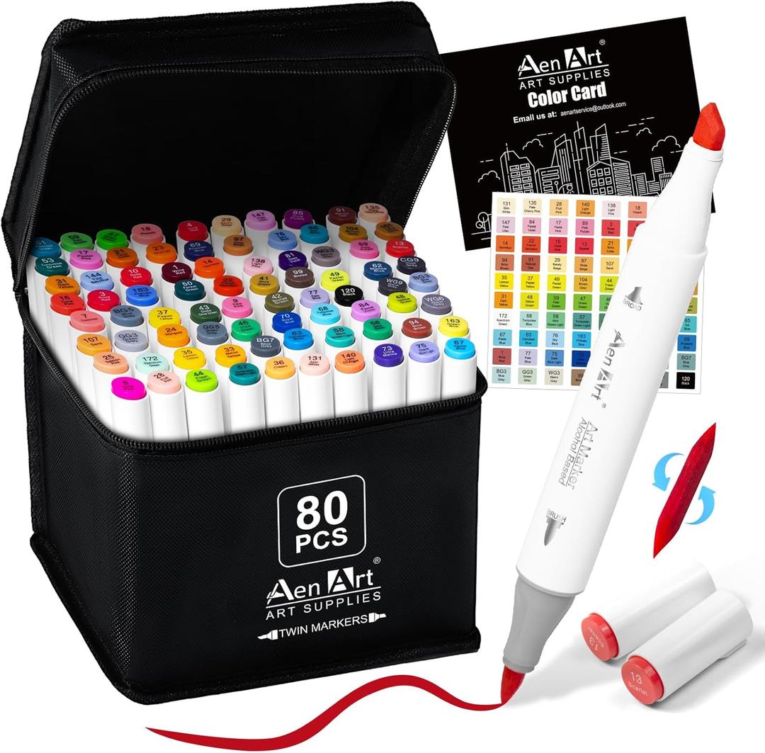 Alcohol Brush Tip Markers, 80 Colors Dual Tip Art Marker Set with Carrying Case, Perfect for Coloring Illustration, Adult Book Drawing, Sketching, Painting
