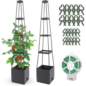 Qaobo 2 Pack Raised Garden Bed, Planter Boxes with Trellis 58.3'' Tomato Planters for Climbing Vine Vegetables Flowers Plants Self Watering Tomatoes Cage for Outdoor Patio Greenhouse