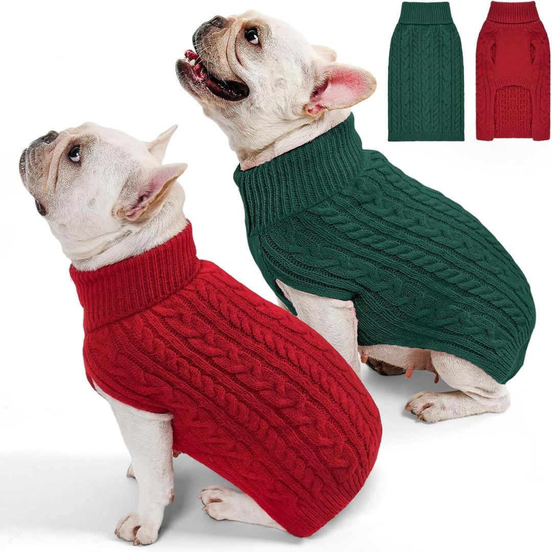 2 Pack Dog Sweaters for Medium Dogs Turtleneck Pullover Cable Knit Stretch Clothes French Bulldog Dachshund Boston Terrier Corgi Beagle Pug Boy Girl Pets Winter Clothes (L, Red & Green)