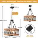 4-Light Wood Rustic Chandelier for Entryway 16.92'' Square Chandeliers for Living Room Hanging Ceiling Light Fixture Farmhouse Pendant Lighting for Kitchen Black and Woodgrain Finish, Square 16.14 In 1 Pack
