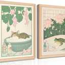 Set of 2 Japanese Bathroom Wall Art Framed Canvas with Cats & Frogs, Wooden Frame, Abstract Nature Poster Prints for Bathroom Decor, Minimalist Zen Painting Art for Home & Spa (12" W*16" H*2piece)
