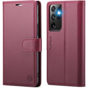 Wallet Case for Samsung Galaxy S21 Ultra, RFID Blocking Credit Card Holder, PU Leather Folio Flip Kickstand Protective Shockproof Cover for Samsung S21 Ultra (Red)