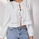 MakeMeChic Women's Boho Top Peplum Long Sleeve Shirt Tie Front Crew Neck Summer Blouse (White, XS)