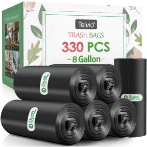 Teivio Trash Bags, 8 Gallon, 330 Count, Black, for Bathroom, Office, Industrial, Commercial, Janitorial, Municipal, Recycling