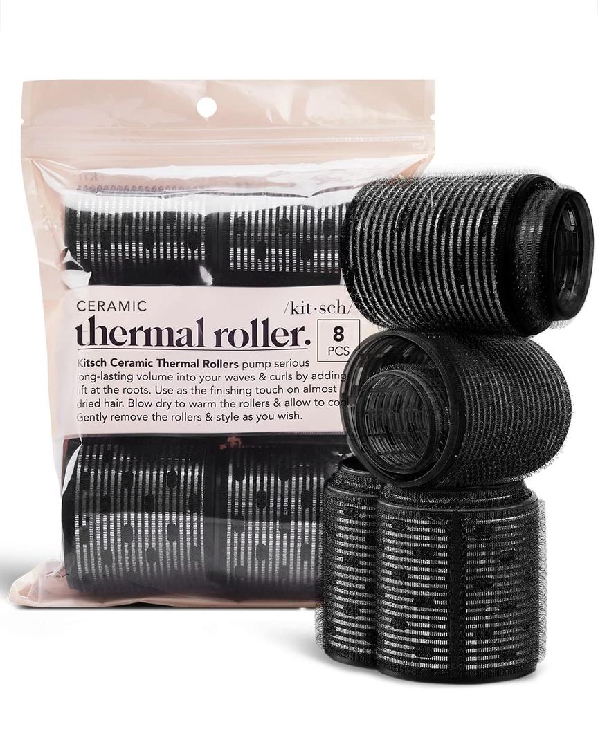 Kitsch Ceramic Thermal Hair Rollers for Women - Self Grip Rollers for Blowout Look Long Hair, Curlers for Medium & Short Hair, Large Roller for Volume Curls, Ceramic Coated, Easy to Use - 8pcs, Black (8 Count (Pack of 1), Variety Pack)