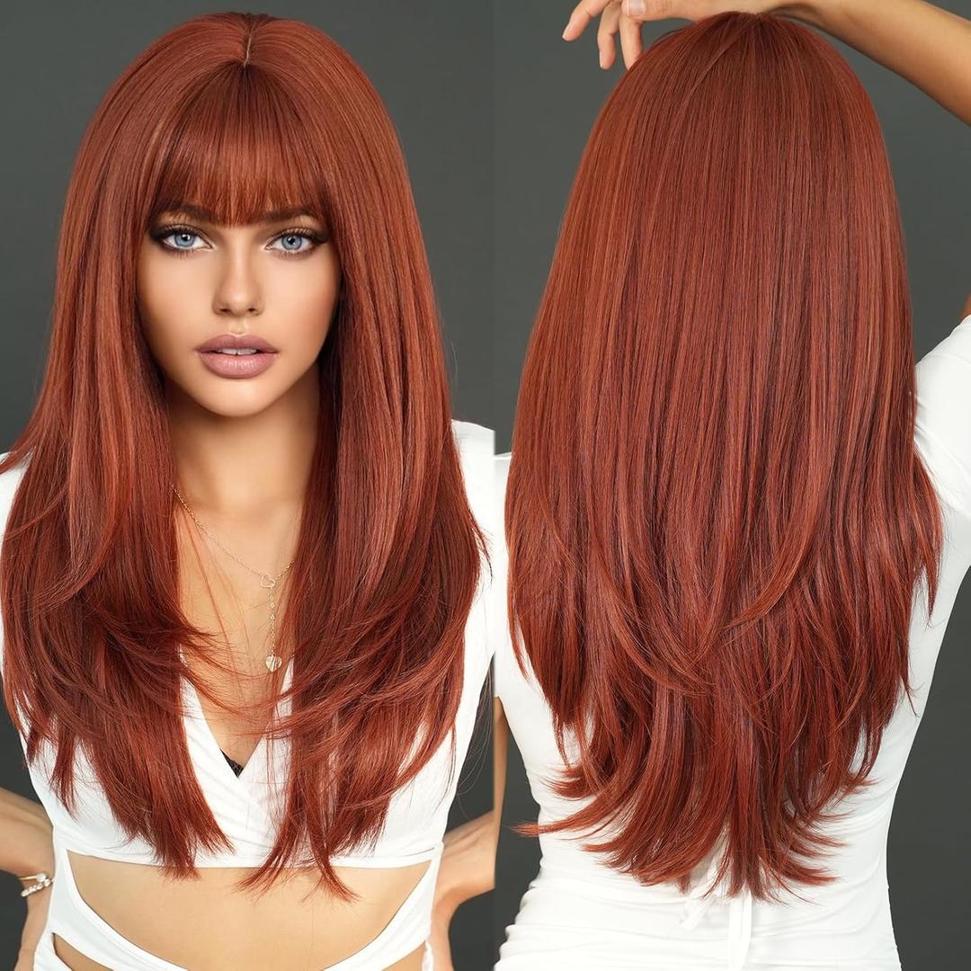 PARK YUN Long Straight Auburn Wig with Bangs 26 Inch Orange Ginger Synthetic Layered Hair Wigs for Women Natural Copper Red Head Heat Resistant Wig for Daily Party Use