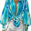 BTFBM Summer Blouses for Women Dressy Casual 2026 Long Sleeve Button Down Shirt V Neck Boho Spring Tops Fashion Clothing, X-Large