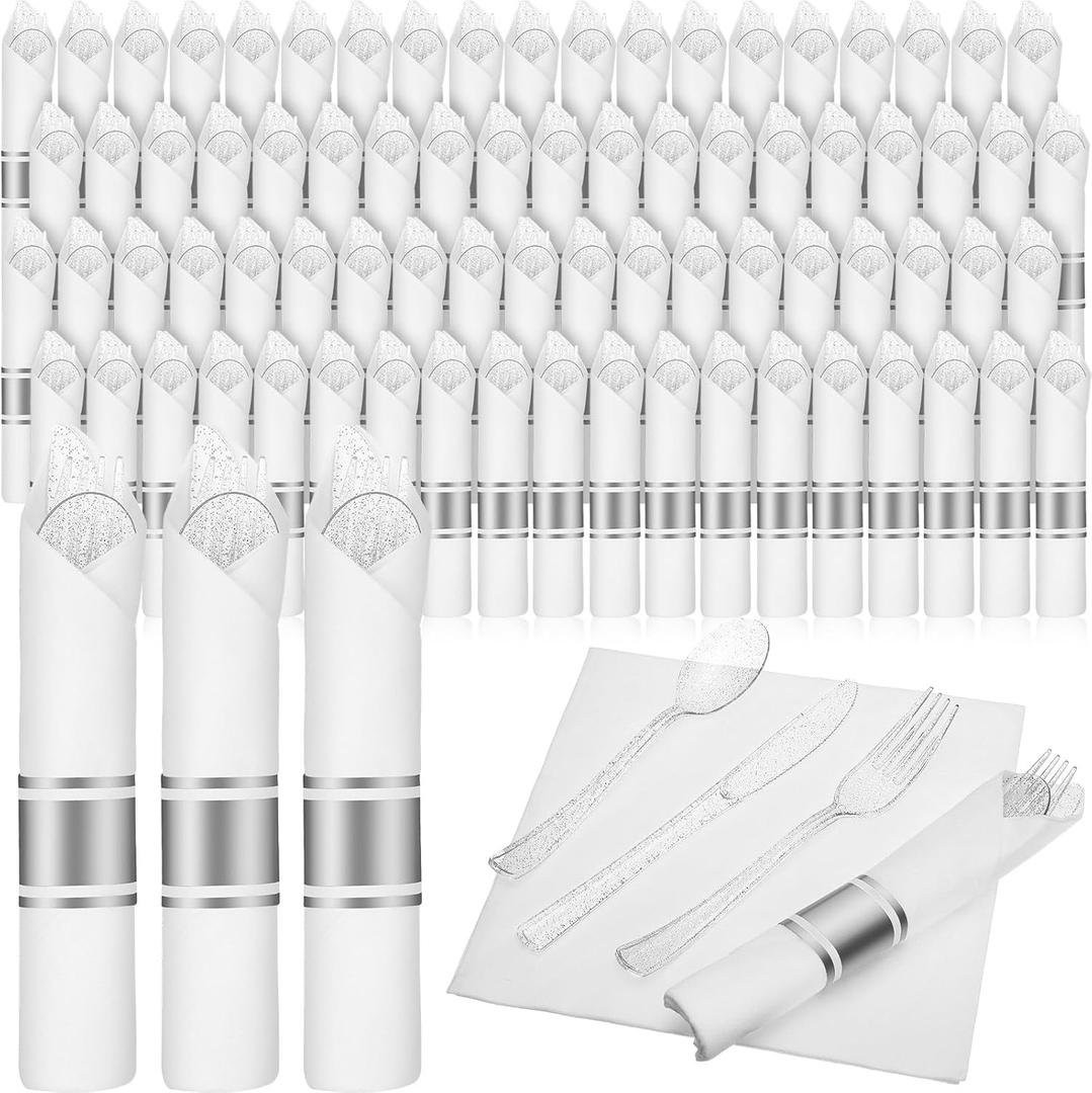 Zubebe 200 Pack Rolled Silverware Pre Rolled Silverware Set Disposable Wrapped Plastic Cutlery Set Disposable Utensils Includes Forks, Knives, Spoons, Napkins Wrapped for Wedding Party (Silver,White)