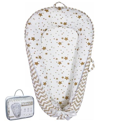 Aila + Aiden Baby Lounger | Organic Cotton Infant Lounger | Reversible, Adjustable & Portable Floor Lounger |Supervised Use | Soft, Breathable, Washable Cover - Star Collection (White/Tan)