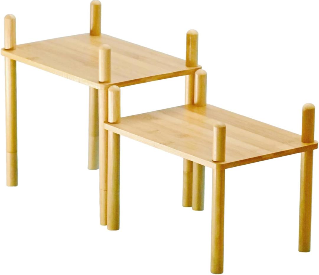 Bamboo Cabinet Organizer Set (2) - Counter Shelf Organizer & Bamboo Organizer Bins Fit, Expandable Cabinet Shelf Organizer for Kitchen Counter/Bathroom - Useful Home & Housewarming Gift(Medium) (11.8"W, Natural)