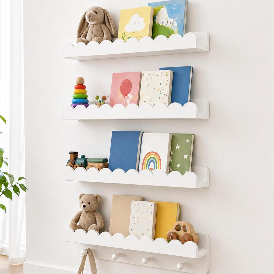 Nursery Book Shelves, Set of 4 White Floating Shelves for Wall Kids, 16.5 Scalloped Shelves, Wall-Mounted Book Shelf Decor for Kids, Wave Style, 4.72" W x 16.5" L x 4.72" H