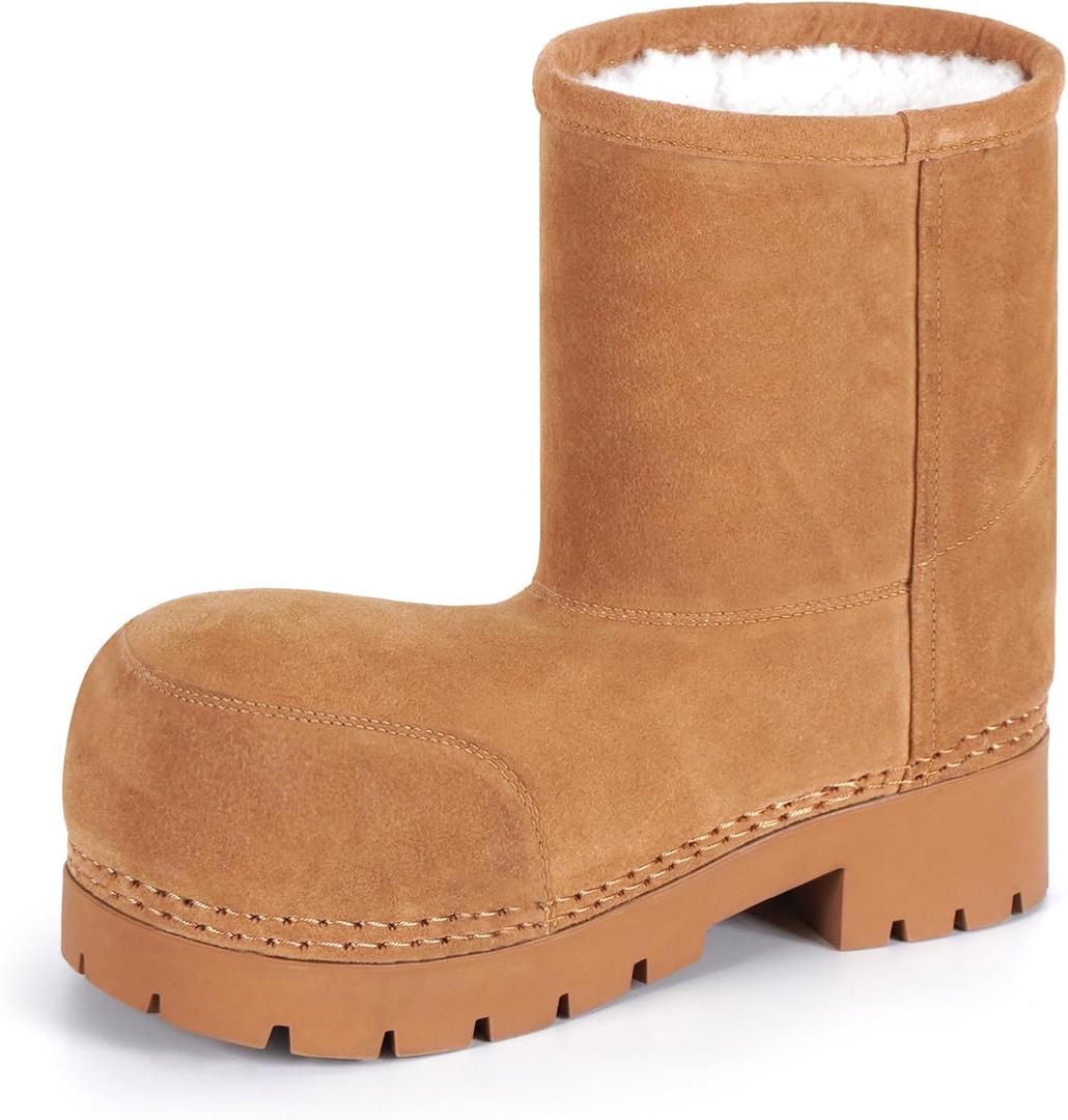 Faux Suede Platform Fuzzy Snow Boots Round Toe Hippy Winter Boots Slip On Knee High Chunky Heel Fur Tall Boots for Women (7, Chestnut Mid)