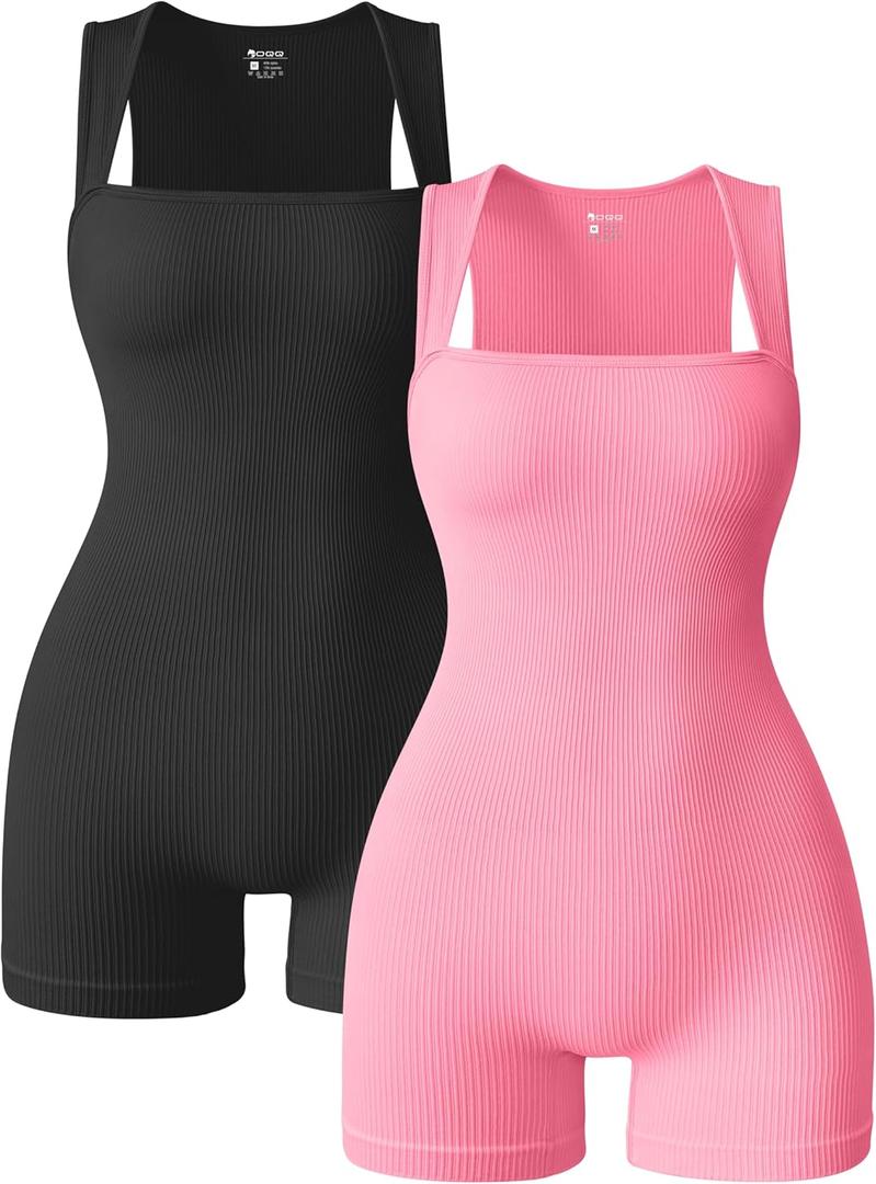 OQQ Women 2 Piece Rompers Yoga Stretch Strappy Square Neck Sleeveless Exercise Rompers (Large, Black,candypink)